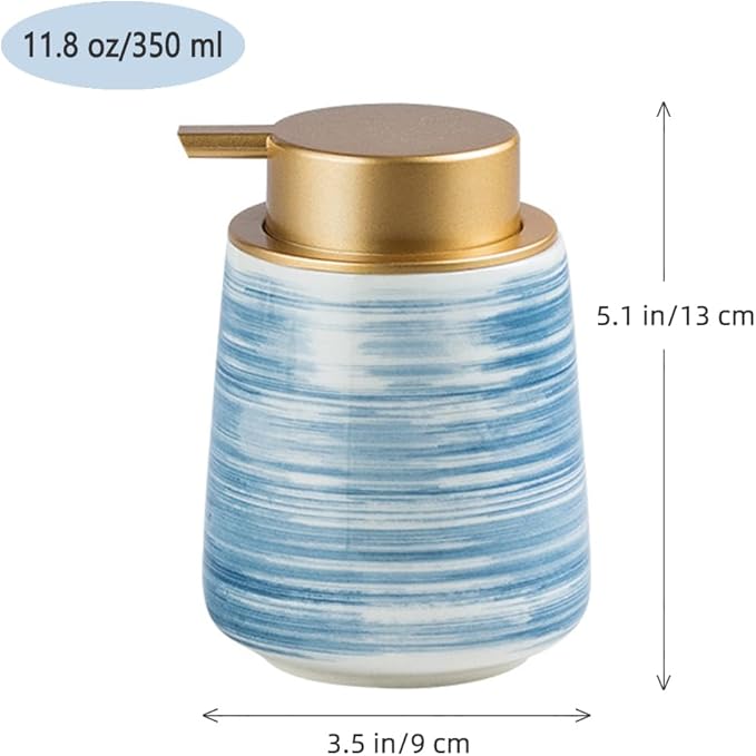 Modern Striped Style Gold Soap Dispenser for Bathroom, Ceramic Hand Soap Dispenser, Easy to Refill Liquid (Blue-Foam Pump)