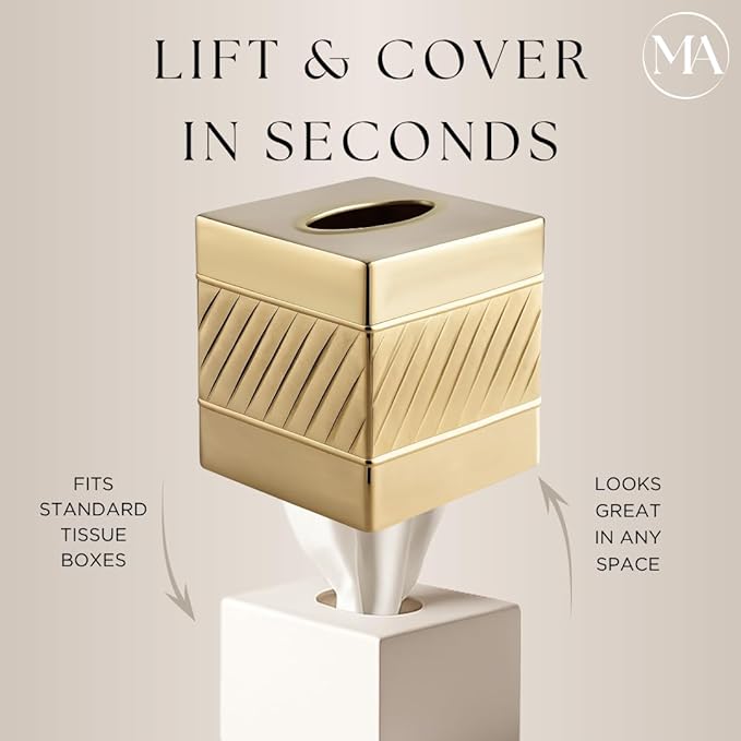 Monarch Abode Tissue Box Cover Square – Handcrafted Wave Embossed Brushed Gold Metal Tissue Holder Box for Bathroom Accessory, Aesthetic Decorative Facial Napkin Cube for Modern Home Decor
