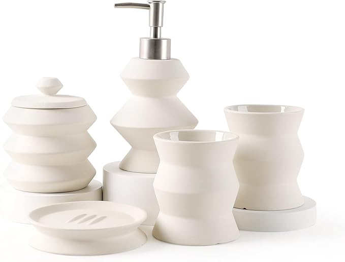 Bathroom Accessory Set 5PCS, Beige Ceramic Bathroom Accessories Set, Unique Design Small Bathroom Accessories Sets Complete, Home Apartment Minimalist Bathroom Decor Vanity Countertop, ANTIS'S HOME