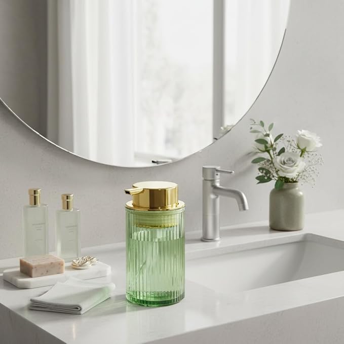 Foaming Soap Dispenser, 12 Oz Green Glass Foam Hand Soap Dispenser, Refillable Glass Foam Pump Bottle Container Decorative Slim Ribbed Bottle for Bathroom and Kitchen