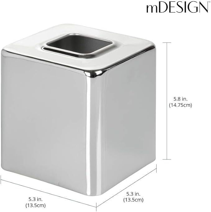 mDesign Metal Square Tissue Box Cover, Modern Facial Paper Holder - Accessories for Bathroom Vanity Countertop, Bedroom Dresser, Night Stand, Desk, Office and End Table - Unity Collection - Chrome