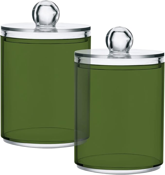 Dark Olive Green Qtip Holder Organizer Dispenser Cotton Swabs Cans Plastic Jars with Lid Set 4 Pack Bathroom Storage Canister for Cotton Ball Floss Cotton Pads