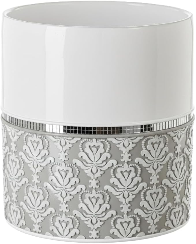 Creative Scents Mirror Damask Small Bathroom Trash Can 1.58 Gal / 6L - Decorative Oval White and Gray Waste Basket - Durable Bathroom Wastebasket - Waste Bin for Powder Room Or Bedroom