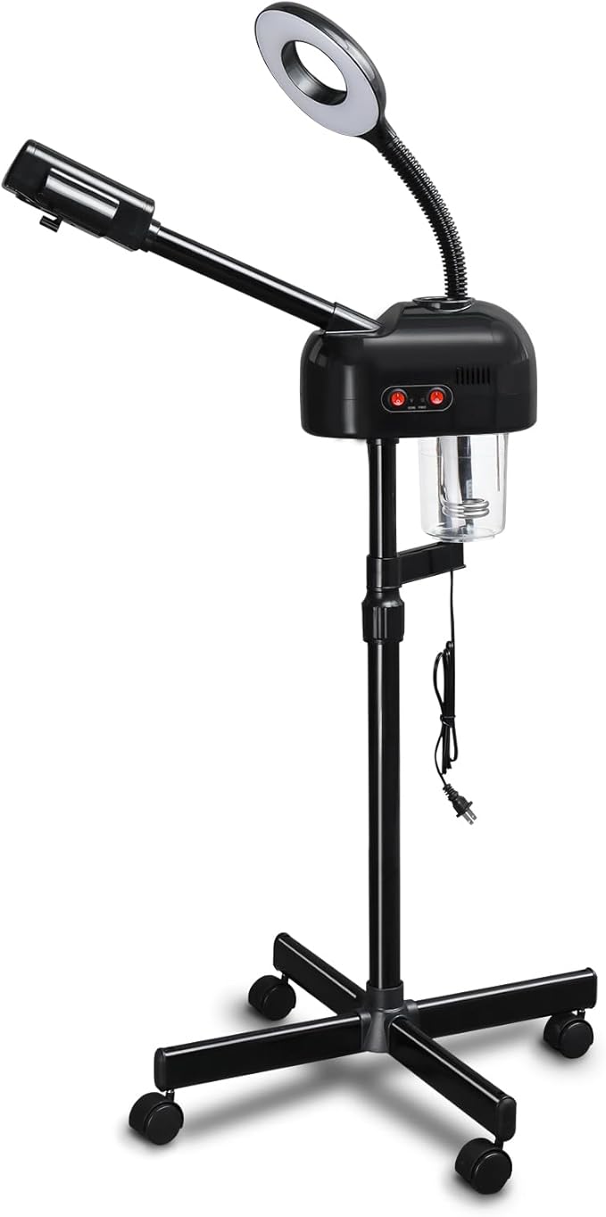 2-in-1 Professional Facial Steamer with 3X Magnifying Lamp, Ozone Face Steamer with Adjustable Height, Rolling Stand, 750W, Black