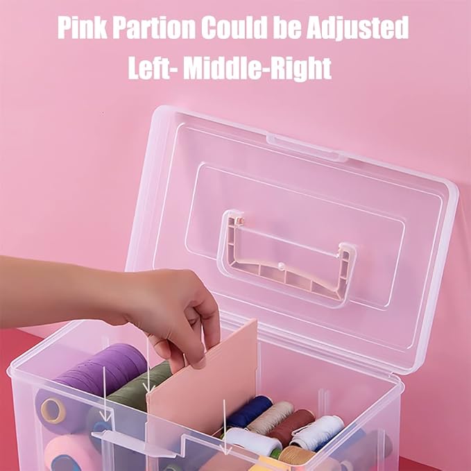 Clear Plastic Office Supply Art & Craft Storage Box, Sewing Box Organiser Large with a Removable Tray & Adjustable Partition, Portable Travel Makeup Case (Clear & pink)