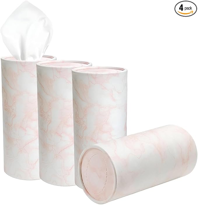 4PCS Car Tissue Holder, Car Cup Holder Convenient Travel Tissue Tube Box with Facial Tissues, Portable Round Tissues Holder Paper Towel Cylinder for Car Home Office (Marble Pink)