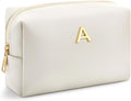 Kigeli Initial Makeup Bag for Women Beige Leather Easter Basket Gifts Monogram Cosmetic Bag Small Travel Toiletry Pouch Wedding Birthday Graduation Bridesmaid Gifts for Teen Girls Women Teachers(A)