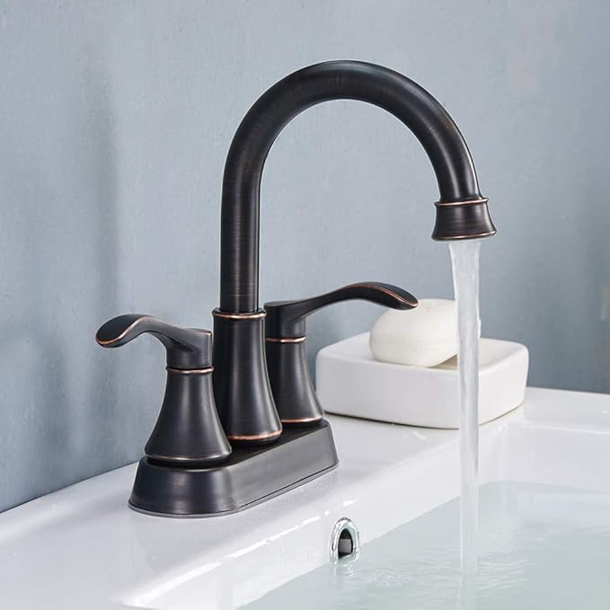 Lead-Free Antique 2 Handle Oil Rubbed Bronze Bathroom Sink Faucet, 360° Swivel High-Arc Spout 4-Inch Centerset Lavatory Vanity Faucets Set with Drain & Water Hoses, VABM10003H