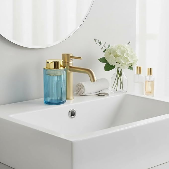Foaming Soap Dispenser, 12 Oz Blue Glass Foam Hand Soap Dispenser, Refillable Glass Foam Pump Bottle Container Decorative Slim Ribbed Bottle for Bathroom and Kitchen