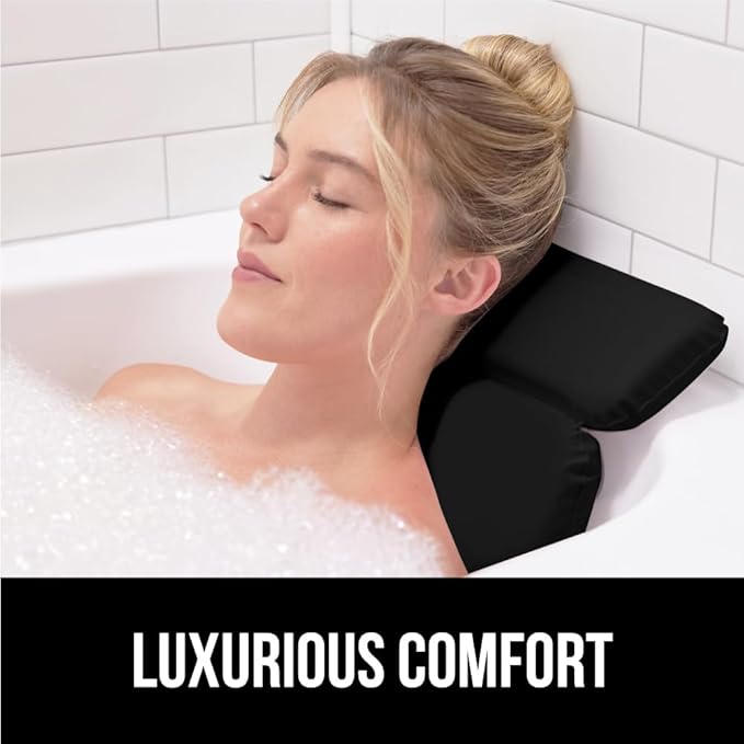 GORILLA GRIP Bath Pillow for Tub, Strong Suction Cups, Luxury Bathtub Pillows, Headrest Neck and Back Support, Relaxing Hot Tub and Home Spa Accessories, Bathroom Essentials, Gifts for Women, Black