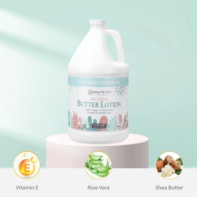 Ginger Lily Farms Botanicals Soothing Butter Lotion for Dry Skin, 100% Vegan & Cruelty-Free, Cucumber Mint Bliss Scent, 1 Gallon (128 fl oz) Refill