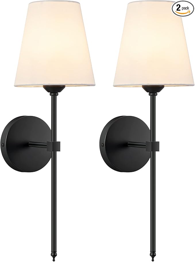 Wall Sconces Sets of 2, Retro Industrial Wall Lamps, Bathroom Vanity Sconces Wall Lighting with White Fabric Shade, Suitable for Bedroom Living Room Corridor Kitchen