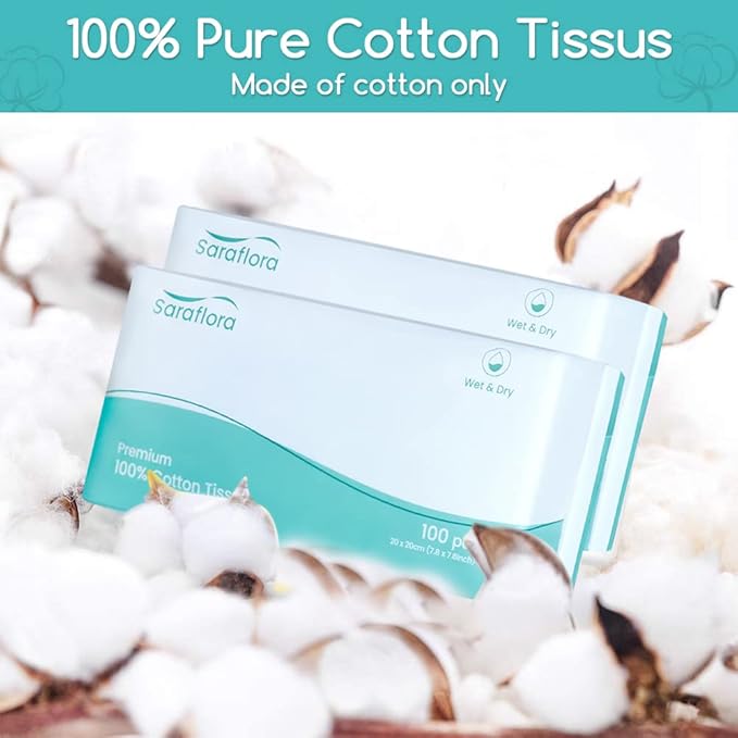 Saraflora 100% Cotton Facial Tissue Soft Dry Wipe 6 Pack, Use for Sensitive Skin Disposable Face Towel Extra Thick Dry and Wet Use Disposable Cotton Tissues for Washing Face Makeup Wipes（600 Count ）