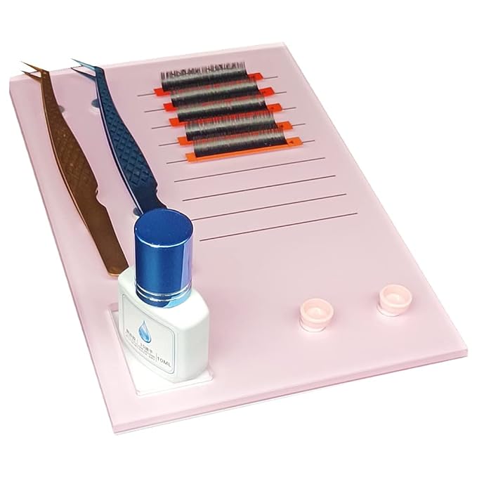 Acrylic Eyelash Grafting Pallet, Lash Tile holder, Bigger Size Glue Cups Eyelash Extensions Storage Gasket Pads with Magnetic Suction for 2 Tweezers (Pink-7.87x5.12in)