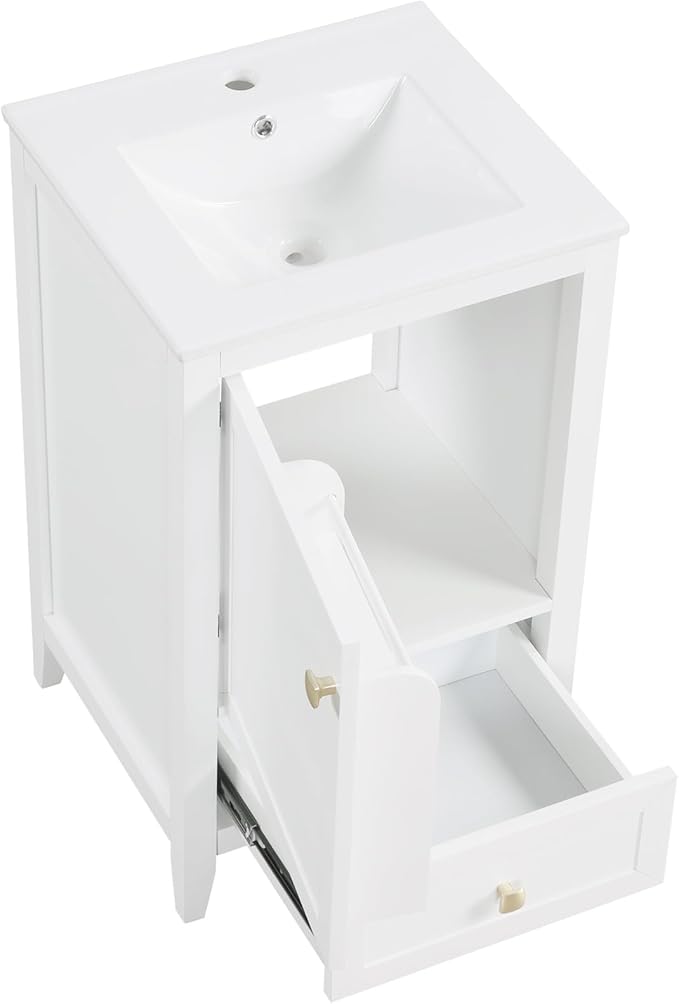 Bellemave 20-inch Solid Wood Bathroom Vanity with Sink, Free Standing Cabinet, Soft Closing Door, Storage Rack, Drawer (White)