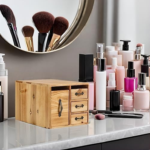 Rustic Beauty Organizer 4 Drawers - Wooden Cosmetic Storage Box for Neat & Home Office Desk &Organize &Storing of Makeup holder Tools,Bathroom Counter-top(Wood Color, L)