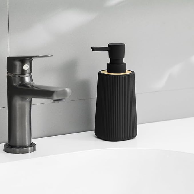 Small Soap Dispenser for Bathroom and Kitchen, Modern Farmhouse Striped Style Plastic Hand Soap Dish Soap Dispenser with Bamboo Decor Black