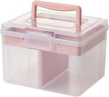 Small Portable Plastic Storage Box for Beauty Ornaments Hair Nail Accessories, Cosmetic Case with Handle & Removable Tray & a Divider, Sewing Box Organizer, Kids Art Box (Clear & Pink)