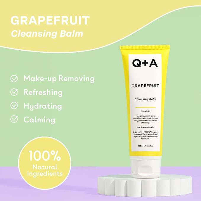 Q+A Grapefruit Cleansing Balm (125ml), Natural Makeup Remover with Cocoa Butter and Squalane, Hydrating Face Cleanser, Skincare for All Skin Types, Cleanse and Moisturize Skin