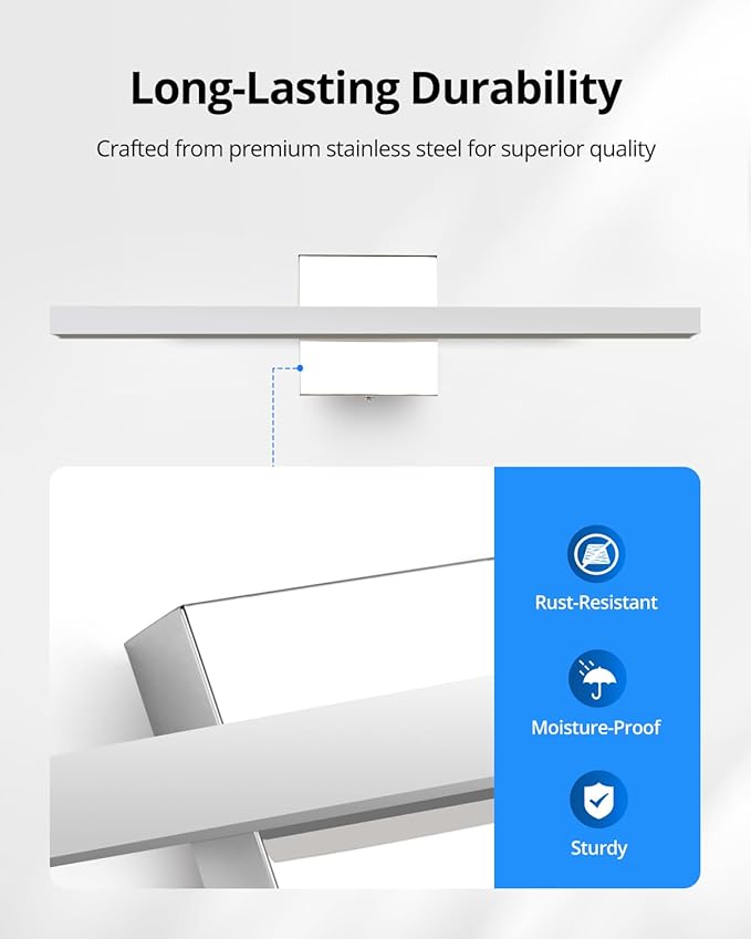 Combuh LED Bathroom Vanity Light Bar Dimmable IP44 Over Mirror Lighting Fixture 24Inch Wall Sconces Indoor 14W Modern Cool White 6000K Chrome