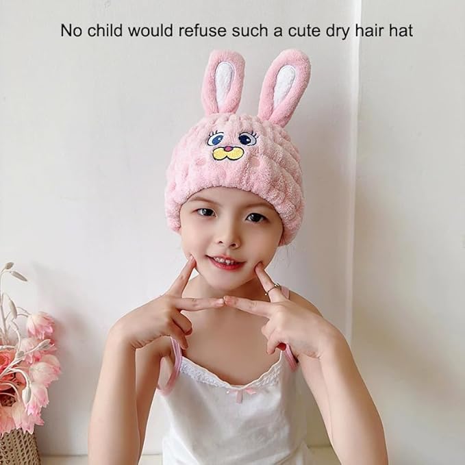 Kids Animal Hair Drying Towels, 2Pcs Pink Rabbit Bath Dry Hair Caps, Extrame Soft & Ultra Absorbent, Fast Drying Hair Turban Wrap Towels Shower Cap for Girls and Women