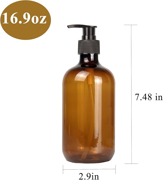 4 Pack 16.9 Oz Shampoo and Conditioner Hand Soap Dispenser Refillable Pump Bottles with Waterproof Labels (Amber)