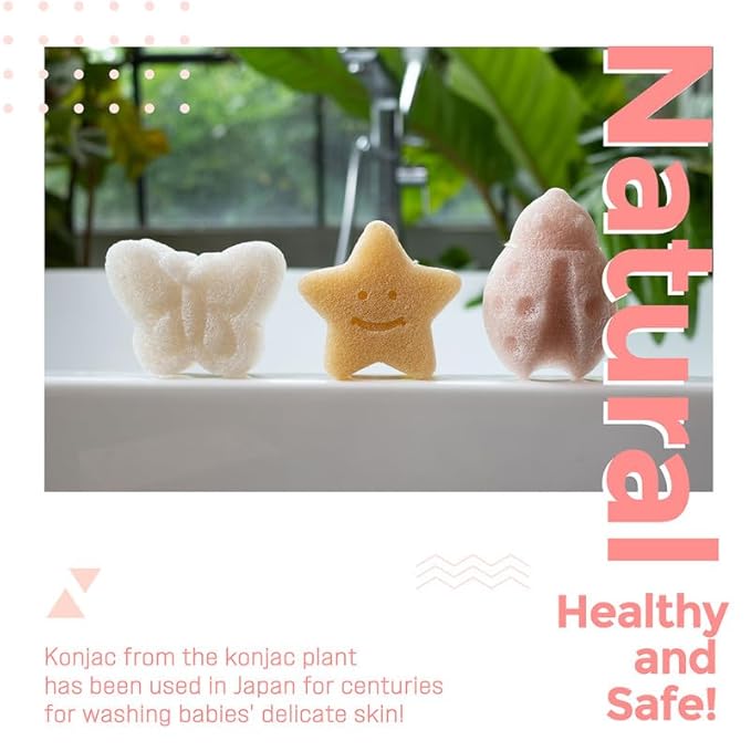 myHomeBody Konjac Baby Sponge for Bathing, Cute Shapes Natural Kids Bath loofah for Infants, Toddler, Newborns, Safe Plant-Based, 3pc. Set: Butterfly, Ladybug, Star