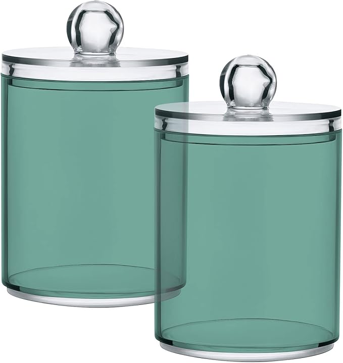 Teal Green Retro Qtip Holder Organizer Dispenser Cotton Swabs Cans Plastic Jars with Lid Set 4 Pack Bathroom Storage Canister for Cotton Ball Floss Cotton Pads