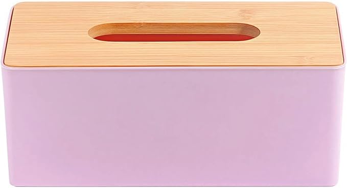 Tissue Box with Bamboo Cover,Plastic Kleenex Organizer,Bathroom Tissue Dispenser for Home,Bedroom,Office,Living Room,8.1×4.6×2.9 in (Pink)