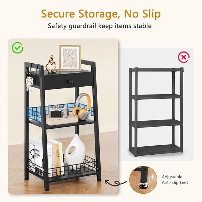 3-Tier Ladder Shelf with Drawer, Bathroom Table Stand for Small Space, Standing Bathroom Shelves with Storage for Living Room Kitchen Bedroom, Organizer Shelf, Black