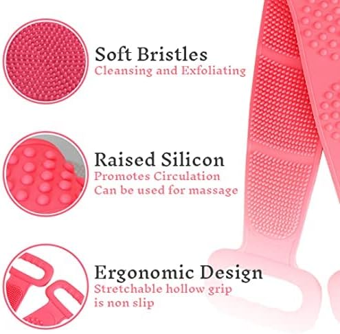 Silicone Back Scrubber Belt (28 inch) Pink – Extra Long-Double-Sided Bath Scrub Strap Gently Massages and Exfoliates Skin - Shower Back Scrubber - Back Washer for Shower Men & Women - Back Exfoliator