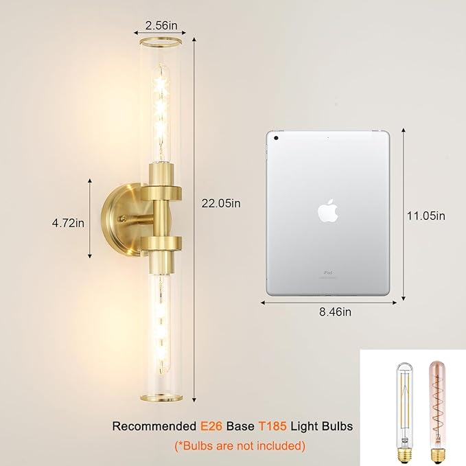Antique Gold Wall Sconces Set of 2, Modern Bathroom Vanity Lights for Mirror, Hardwired Glass Wall Light Fixtures with E26 Base (Bulbs Required) for Bathroom, Bedroom, Hallway, 22.05 Inch