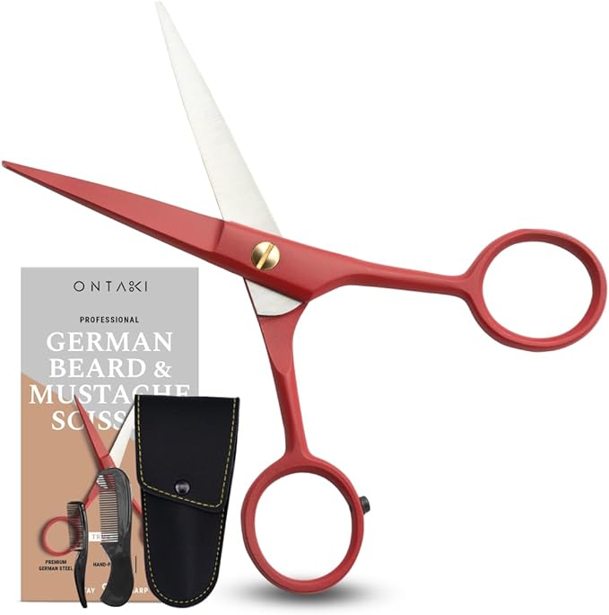 Ontaki Beard & Mustache Scissors for Men - 5inch, True Red - 410C German Steel Durable, Ergonomic Design Travel Friendly Facial Hair Scissors - Beard Grooming Kit 2 Combs & Case Perfect for Styling