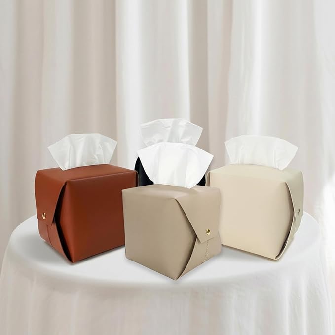 Tissue Box Cover Square, Leather Tissue Holder Organizer with Side Snap for Bathroom, Vanity, Tabletop, Office (4Pack)