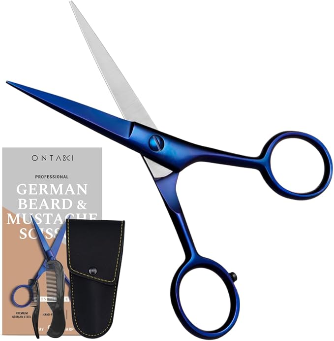 Ontaki Beard & Mustache Scissors for Men - 5inch, Midnight Blue - 410C German Steel Durable, Ergonomic Design Travel Friendly Facial Hair Scissors - Beard Kit 2 Combs & Case Perfect for Styling