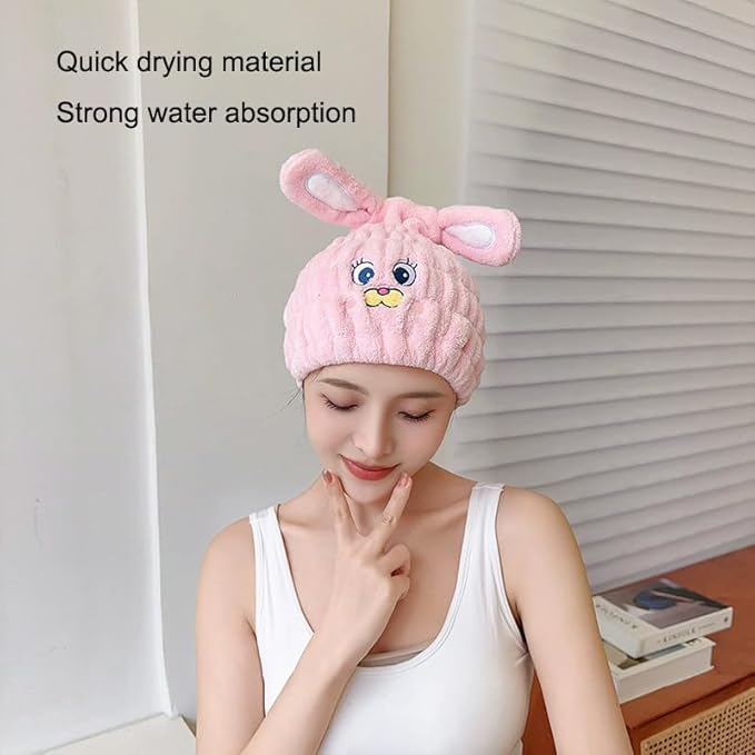 Kids Animal Hair Drying Towels, 2Pcs Pink Rabbit Bath Dry Hair Caps, Extrame Soft & Ultra Absorbent, Fast Drying Hair Turban Wrap Towels Shower Cap for Girls and Women