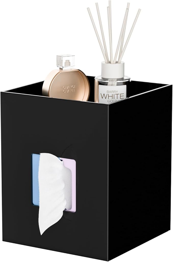 Black Acrylic Tissue Box Cover with Storage Tray ,Square Acrylic Tissue Box Holder Napkin Dispenser for Bathroom Kitchen Home Office (Black, 5.5x5.5x6.7)