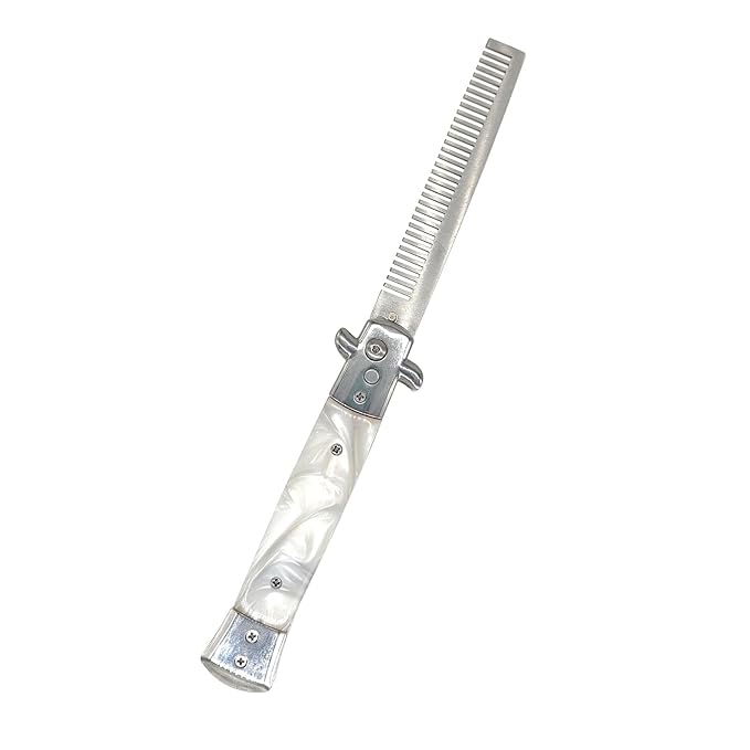 Folding Pocket Comb, Stainless Steel Beard Comb for Men, Switchblade Fine Tooth Mustache Combs Designed for Hair Salon Beauty Tool (Milky)