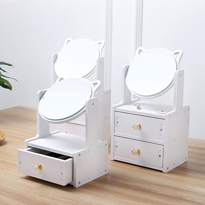 Makeup Organizer with Cabinet and Lipstick Shelf Box, Cat Ear Mirror, Cosmetics Storage Box, Dormitory Desktop Dresser, Jewelry Organizer