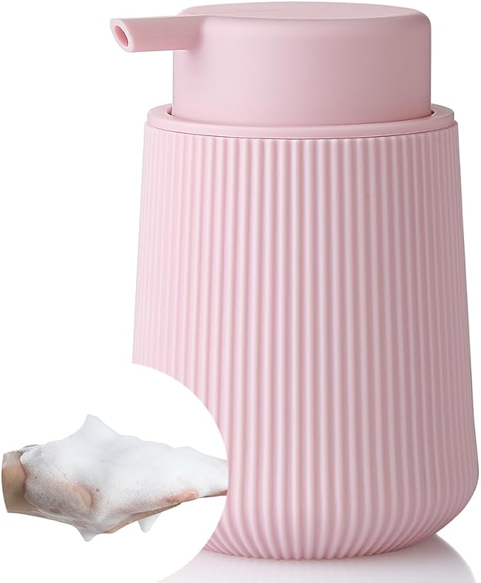 Striped Foaming Hand Soap Dispenser with Leak-Proof Pump for Bathroom and Kitchen Countertop 11 oz Pink