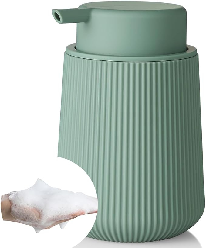 Striped Foaming Hand Soap Dispenser with Leak-Proof Pump for Bathroom and Kitchen Countertop 11oz Sage Green