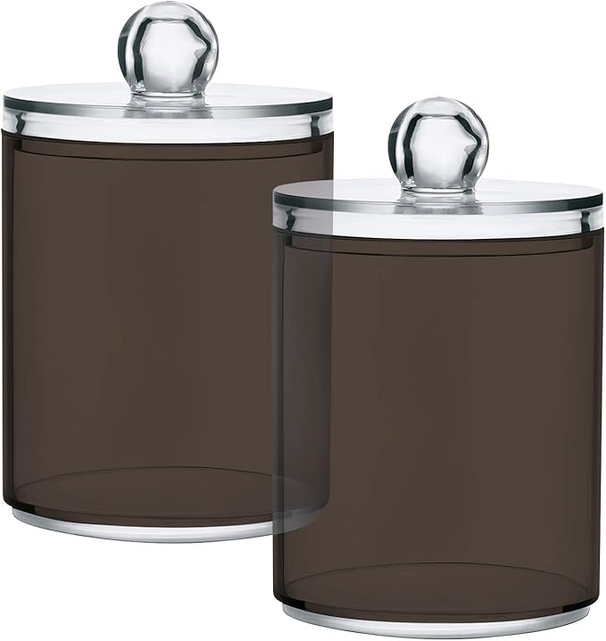 Brown Qtip Holder Organizer Dispenser Cotton Swabs Cans Plastic Jars with Lid Set 2 Pack Bathroom Storage Canister for Cotton Ball Floss Cotton Pads