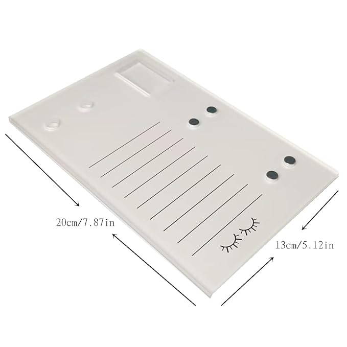 Acrylic Eyelash Grafting Pallet, Lash Tile holder, Bigger Size Glue Cups Eyelash Extensions Storage Gasket Pads with Magnetic Suction for 2 Tweezers (White-7.87x5.12in)