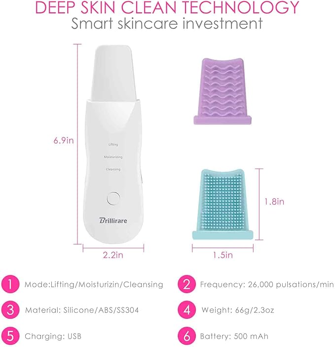 Face Scrubber, Skin Spatula, Facial Silicone Pore Cleaner, Rechargeable All Skin Types Waterproof Blackhead Remover Tools for Deep Cleansing, Exfoliating, 3 Modes Wireless, White
