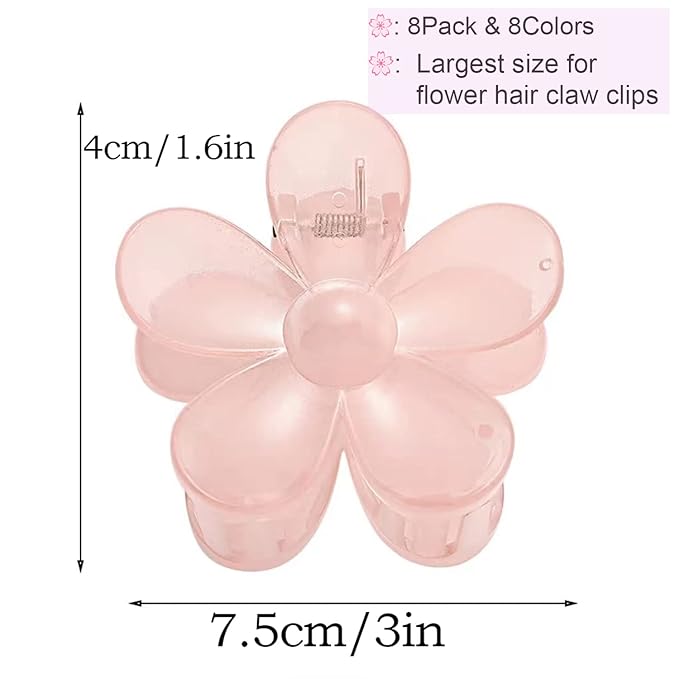 Flower Hair Clips 8PCS, Large Claw Clips for Women Girls Thick Thin Hair, Strong Hold Non slip Big Matte Dasiy Jaw Clamps Hair Accessories 8 Colors