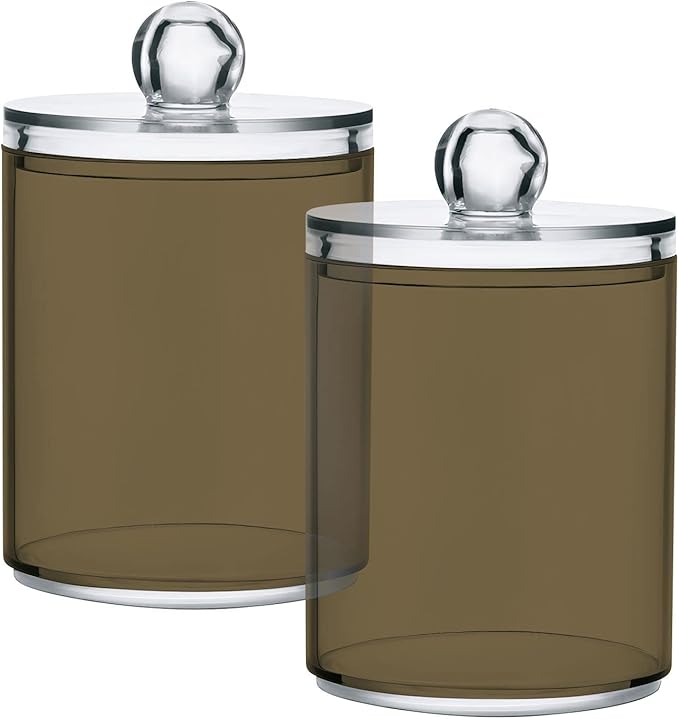 Tan Qtip Holder Organizer Dispenser Cotton Swabs Cans Plastic Jars with Lid Set 4 Pack Bathroom Storage Canister for Cotton Ball Floss Cotton Pads