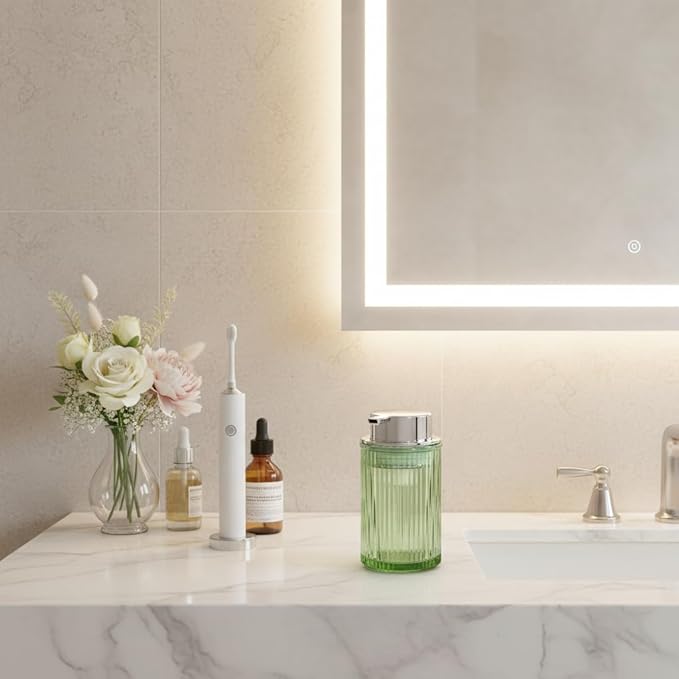 Foaming Soap Dispenser, 12 Oz Green Glass Foam Hand Soap Dispenser, Refillable Glass Foam Pump Bottle Container Decorative Slim Ribbed Bottle for Bathroom and Kitchen