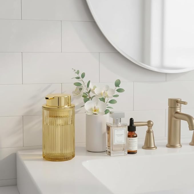 Foaming Soap Dispenser, 12 Oz Amber Glass Foam Hand Soap Dispenser, Refillable Glass Foam Pump Bottle Container Decorative Slim Ribbed Bottle for Bathroom and Kitchen