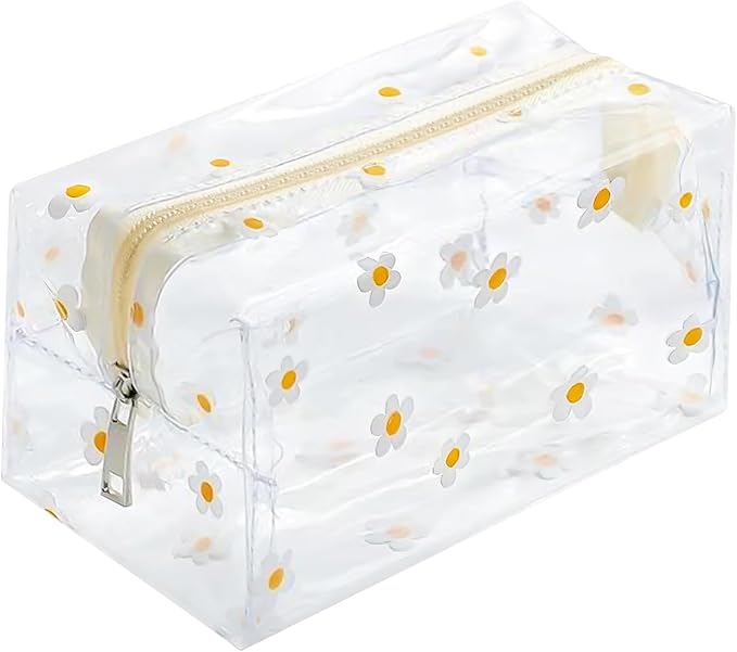 Clear Makeup Bag, Small Clear Toiletry Bag for Travel, Cosmetic Makeup Organizer Bags with Zipper, Plastic PVC Pouch Transparent Zip for Purse Reusable TSA Approved Quart Size (White Flowers)