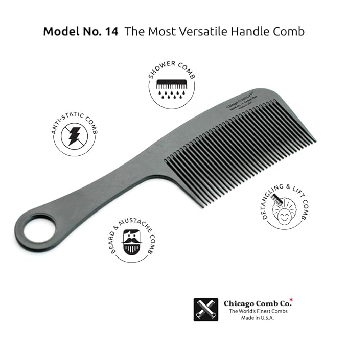 Chicago Comb Model 14 Carbon Fiber, Made in USA, Anti-static, Detangling, Styling & Shower comb, 8.4 inches (21 cm) long